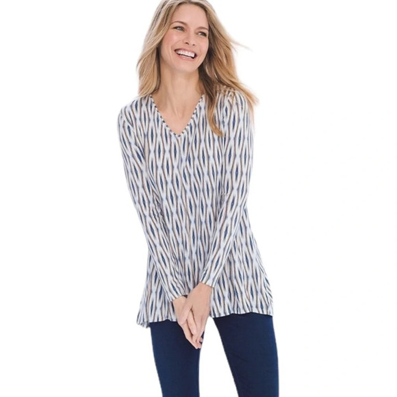 Chico’s Zenergy Women’s 16/18 V-Neck Long Sleeve Geometric Ikat Tunic Top - Picture 1 of 10